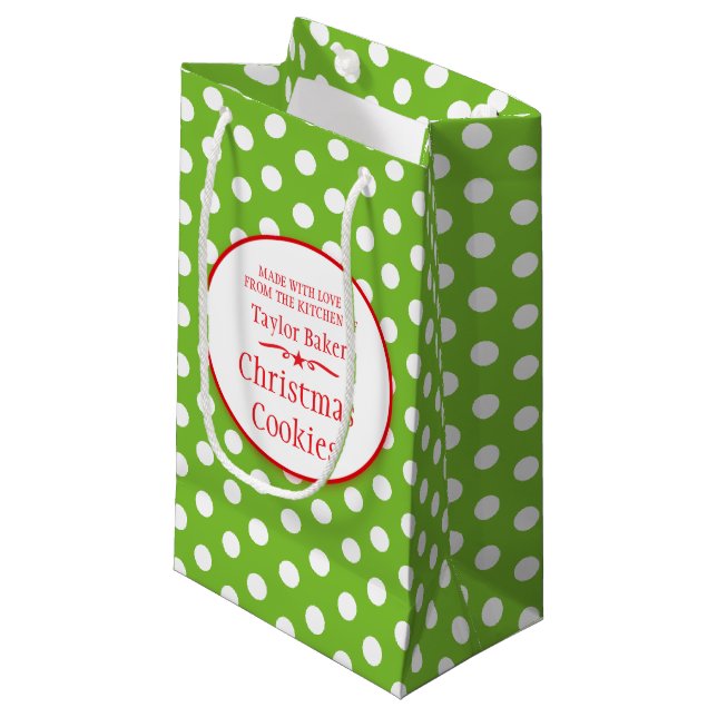 Grüne weiße Polka-Dot-Cookie-Swap-Geschenkbeutel Kleine Geschenktüte (Vorderseite Schrägansicht)