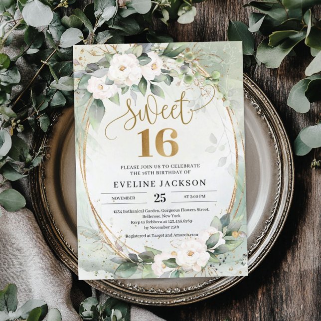 Grüne weiße Rosen Goldfolie oval süß 16 Einladung (Greenery white roses gold foil oval sweet 16 invitation)