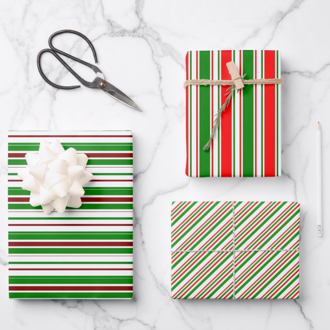 Grüne, weiße, rot-farbene Weihnachtsmuster Geschenkpapier Set (Vorderseite)