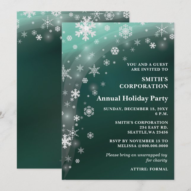 Grüne weiße Schneeflocken Corporate Holiday Party Einladung (Vorne/Hinten)