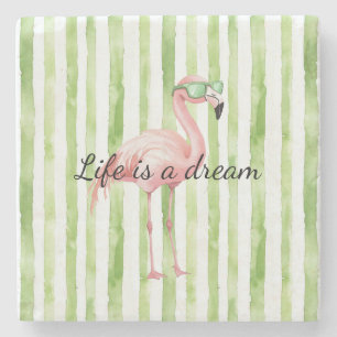 Grüne weiße Streifen rosa Flamingo Steinuntersetzer