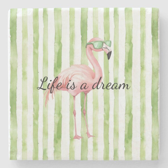 Grüne weiße Streifen rosa Flamingo Steinuntersetzer (Vorderseite)