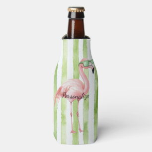 Grüne weiße Streifen rosa Flamingo Strand Flaschenkühler