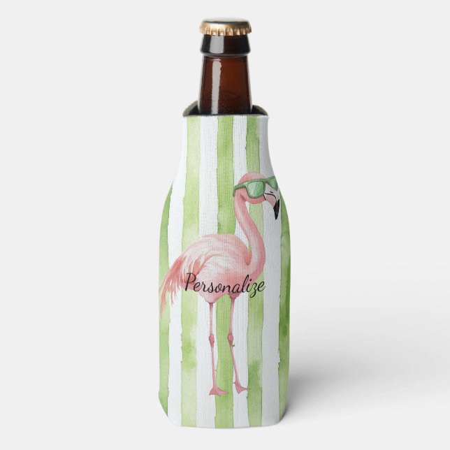 Grüne weiße Streifen rosa Flamingo Strand Flaschenkühler (Flaschenvorderseite)