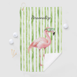 Grüne weiße Streifen rosa Flamingo Strand Geburtst Golfhandtuch