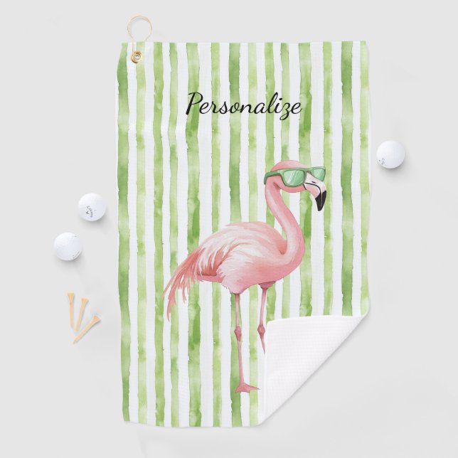 Grüne weiße Streifen rosa Flamingo Strand Geburtst Golfhandtuch (Insitu)