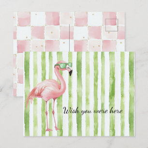 Grüne weiße Streifen rosa Flamingo Strand Postkarte