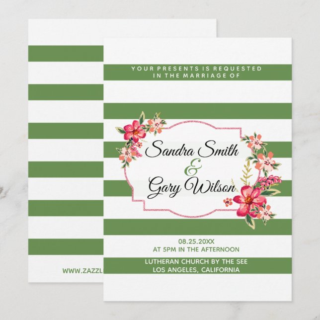Grüne weiße Streifen und bunte Bouquet-Hochzeit Einladung (Vorne/Hinten)