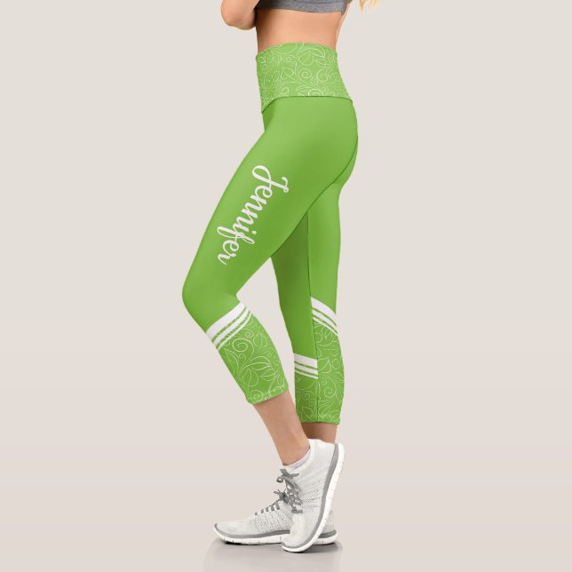 Grüne, weiße Streifen und Name modern mädchenhaft Capri Leggings (Links)
