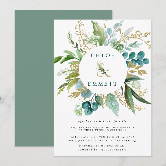 Grüne weiße und goldene Botanische Hochzeit Einladung (Vorne/Hinten)
