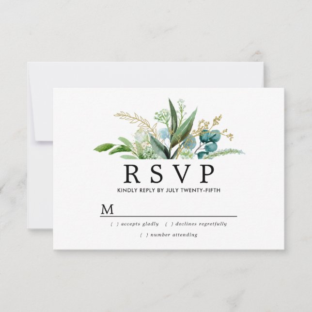 Grüne weiße und goldene Botanische Hochzeit RSVP Karte (Vorderseite)