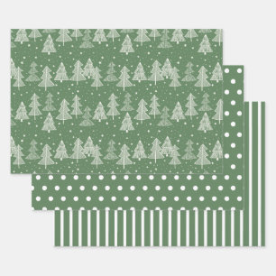 Grüne weiße Weihnachtsbäume Polka Punkte Streifen Geschenkpapier Set