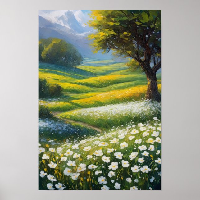 Grüne Wiesen und Weiße Blume Poster (Vorne)