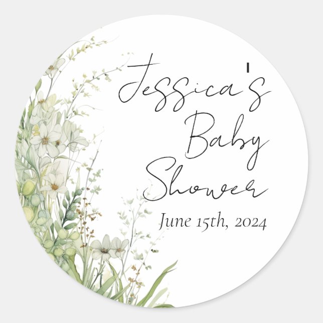 Grüne Wildblume Baby Shower Stickers (Vorderseite)