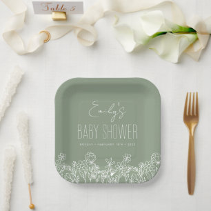 Grüne Wildblume Boho Kinderdusche im Blut Pappteller
