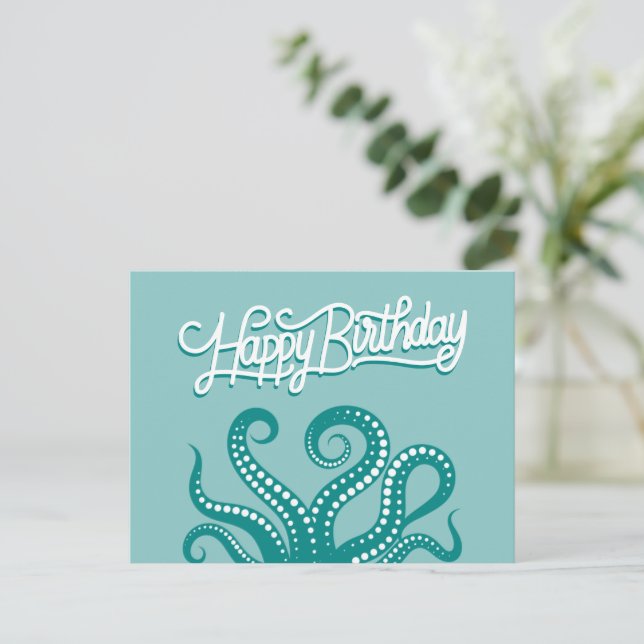 Grüne Wildkräuter Tentakel Happy Birthday Postkarte (Stehend Vorderseite)