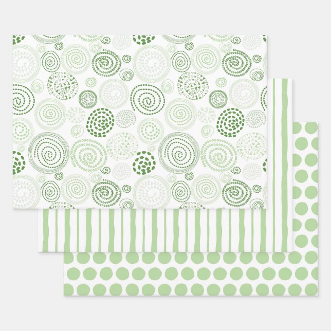 Grüne Wirbel Streifen und Punkte Geschenkpapier Set (Set)