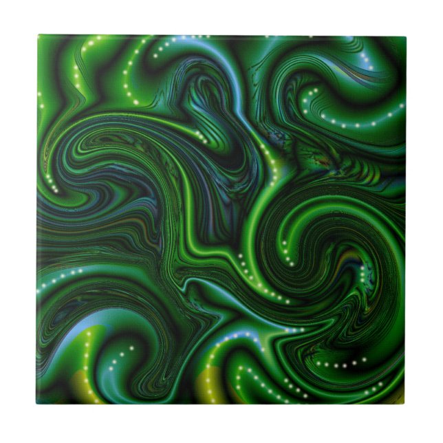 Grüne Wirble Gepunktete Abstrakte Kunst Fliese (Vorderseite)