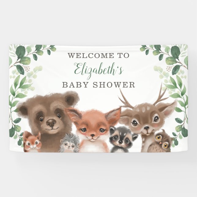 Grüne Woodland Animals Kinderdusche Willkommen Banner (Horizontal)