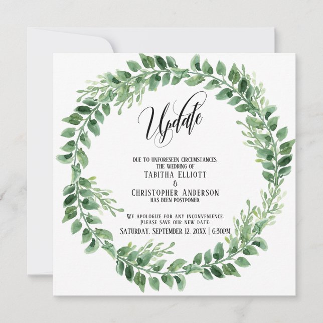 Grüne Wreath - Hochzeitsaktualisierkarte aufgescho Einladung (Vorderseite)