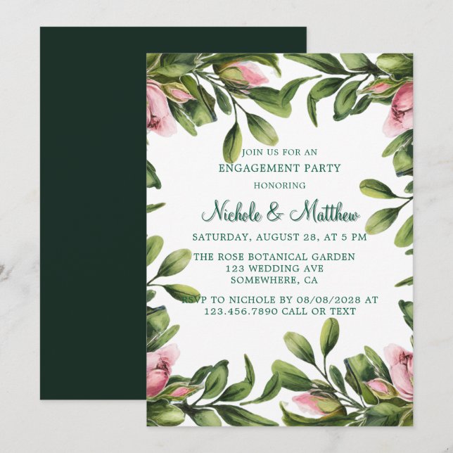 Grüne Wreath Pink Rose Bud Engagement Partei Einladung (Vorne/Hinten)