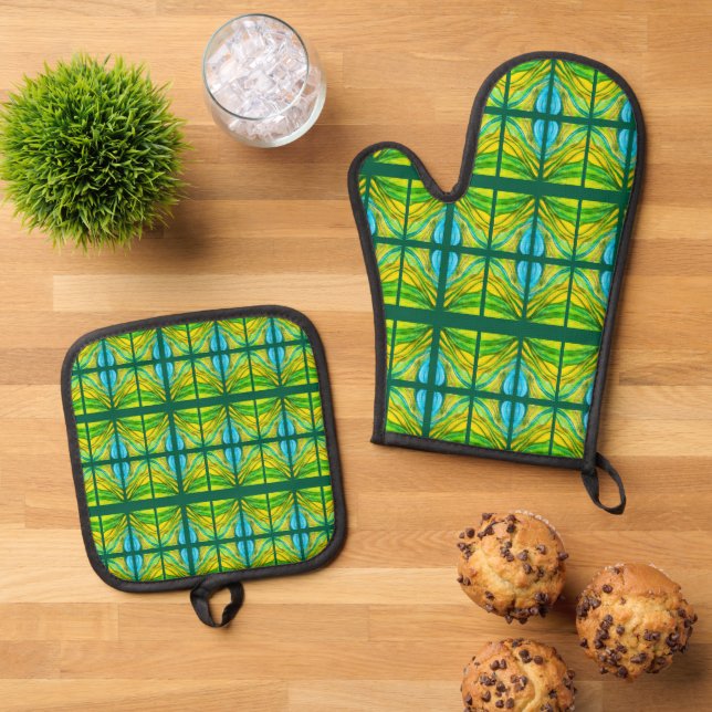 Grüne Wüsteninspirierungen Ofenhandschuh & Topflappen-Set (Oben Unten)