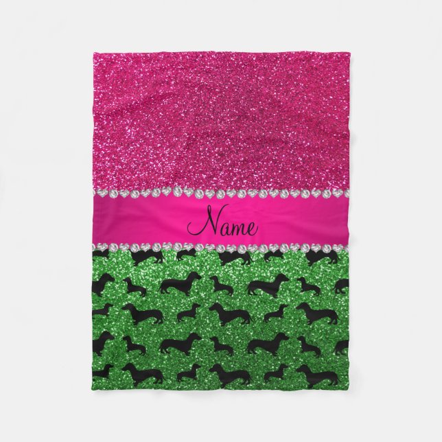 Grünen Glitzer Dackeln Rosa Glitzer Fleecedecke (Vorderseite)