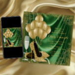 Grünen und Gold Geburtstagsparty Satin Glitzer Einladung<br><div class="desc">Das smaragdgrüne und goldene Geburtstagsfest lädt mit goldenen Glitzer-High-Heel-Schuhen, Goldballons, Champagner und Perlen auf smaragdgrünem und goldgelbem Hintergrund zu einem Besuch ein. Diese elegante Grün- und Goldparty-Einladung lässt sich einfach an Ihre Veranstaltung anpassen, indem Sie einfach Ihre Details in den Schriftart-Stil und Farbe, Wortlaut und Layout Ihrer Wahl einfügen. Sie...</div>