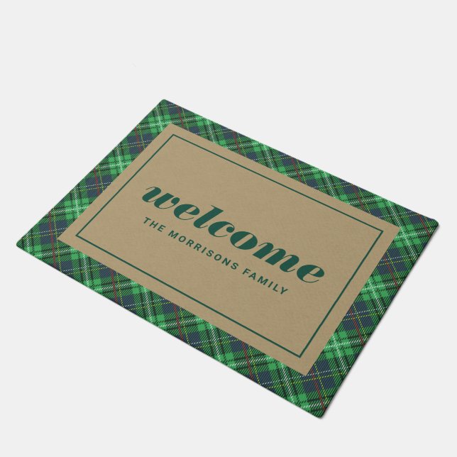 Grünen Weihnachten Karierter Personalisierter Empf Fußmatte (Schrägansicht)