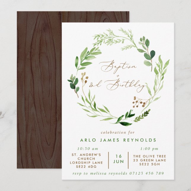 Grünen Wreath Taufe & 2. Geburtstag Einladung (Vorne/Hinten)