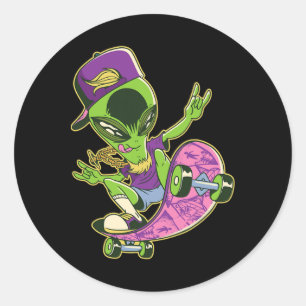 Grüner Alien Skateboarding - Lustige Retro-Stil Gr Runder Aufkleber