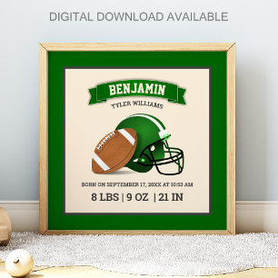 Grüner American Football Helm Baby Geburtsstatisti Poster
