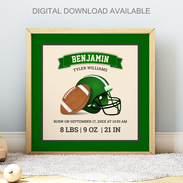 Grüner American Football Helm Baby Geburtsstatisti Poster (Von Creator hochgeladen)