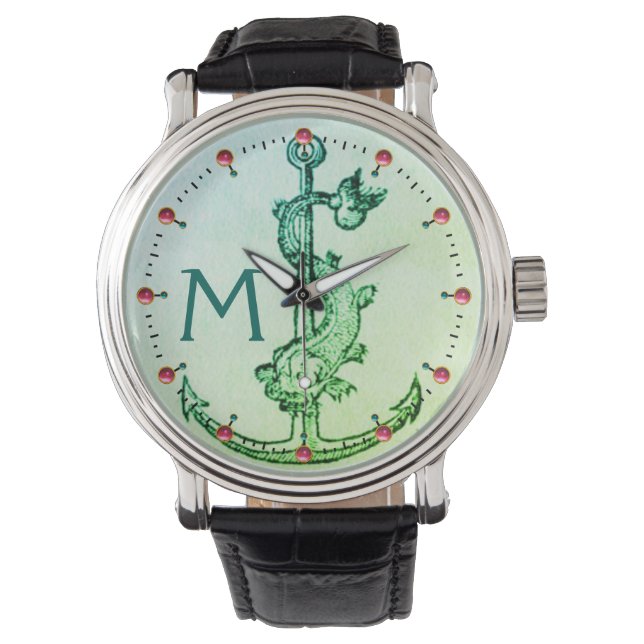 GRÜNER ANCHOR MIT NAUTISCHEN FISCHMONOGRAMM PINZEI ARMBANDUHR (Vorderseite)