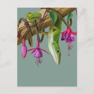 Grüner Anolis mit Fuchsien Postkarte