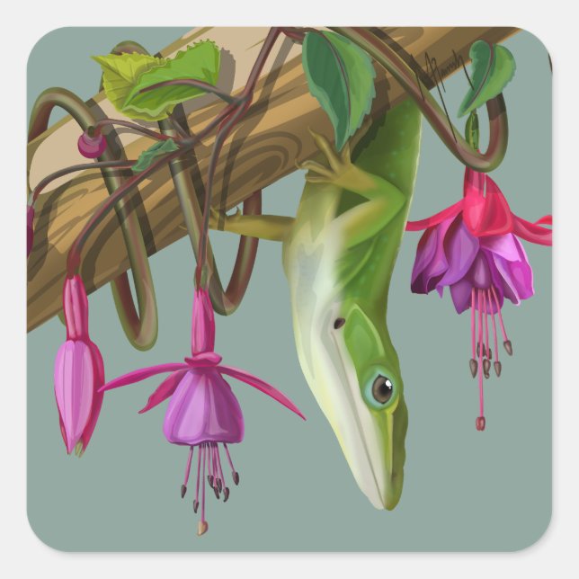Grüner Anolis mit Fuchsien  Quadratischer Aufkleber (Vorderseite)