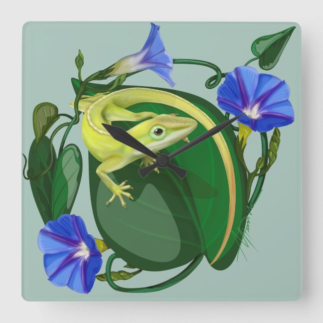 Grüner Anolis mit Prunkwinde  Quadratische Wanduhr (Vorderseite)