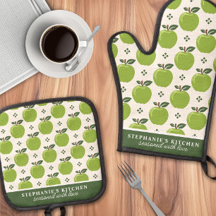 Grüner Apfel Muster Personalisierter Name Ofenhandschuh & Topflappen-Set
