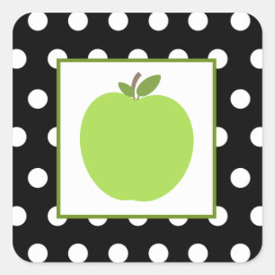 Grüner Apfel / Schwarz mit weißen Polka-Punkten Quadratischer Aufkleber
