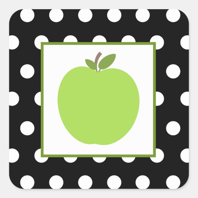 Grüner Apfel / Schwarz mit weißen Polka-Punkten Quadratischer Aufkleber (Vorderseite)