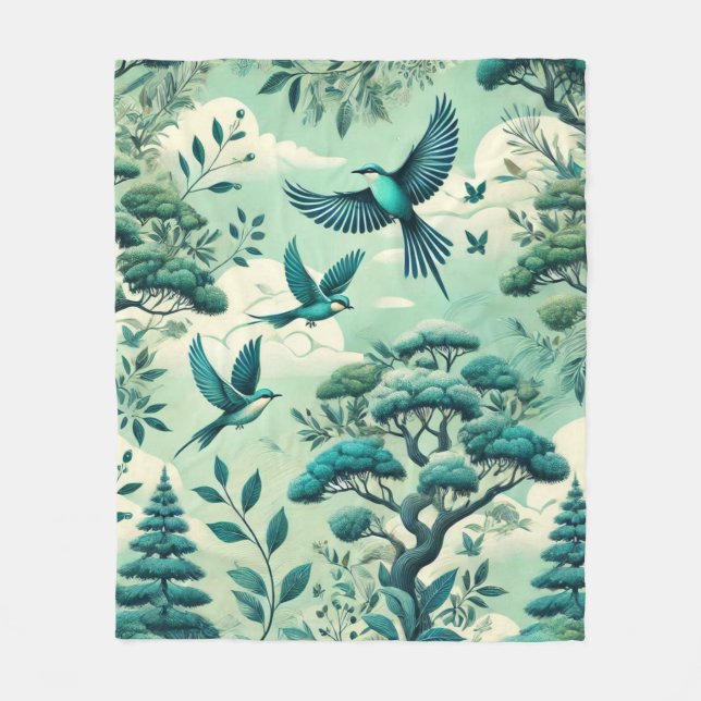 Grüner Aquamariner Wald und Vogelmuster Fleecedecke (Vorderseite)