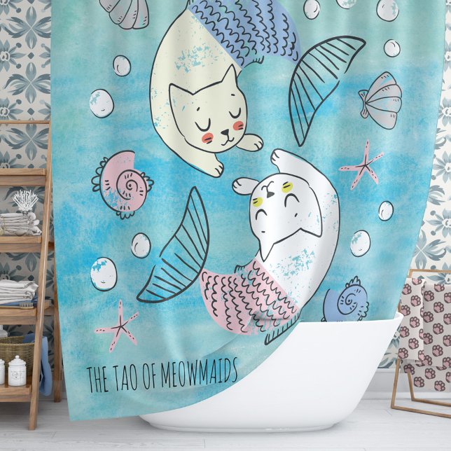 Grüner Aquarell Duschvorhang (Find your path to serenity with this inspiring shower curtain design featuring Cat mermaids.)