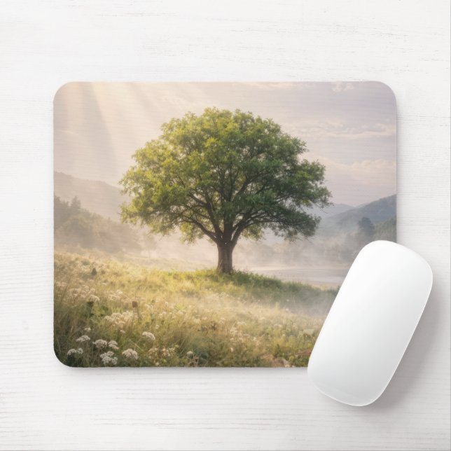 Grüner Baum in Wiesennebel Mousepad (Mit Mouse)