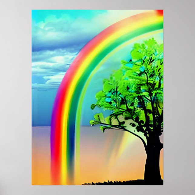 Grüner Baum unter einem Regenbogen Poster (Vorne)