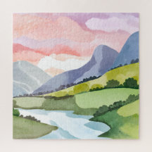 Grüner Berg Sonnenaufgang | Aquarell