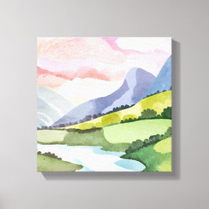 Grüner Berghang Sonnenaufgang Aquarell Leinwanddruck