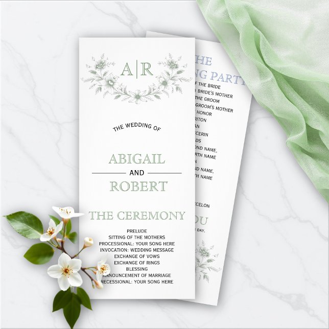Grüner Blumenrahmen mit Monogramm Hochzeitsprogram Werbekarte (Von Creator hochgeladen)