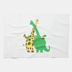 Grüner Brachiosaurus und Giraffenhugge Cartoon Geschirrtuch