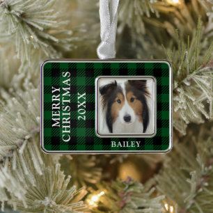 Grüner Büffel-Karo Hund Foto Personalisiert Rahmen-Ornament Silber
