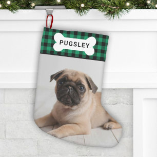Grüner Büffel-Karo-Hundeknochen-Name und Foto Kleiner Weihnachtsstrumpf